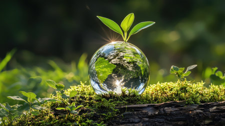 A glass globe sits on a log, featuring a young plant sprouting inside. Sunlight gleams through the leaves, symbolizing growth and environmental harmony.の素材