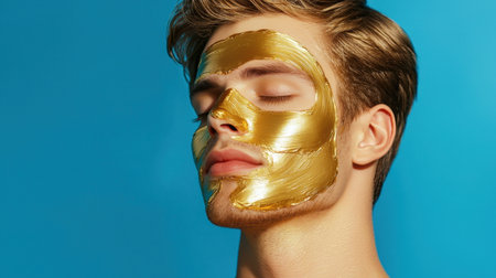 This image portrays a young man enjoying a luxury gold facial mask, showcasing skincare benefits. The vibrant blue background highlights relaxation and self-care.の素材
