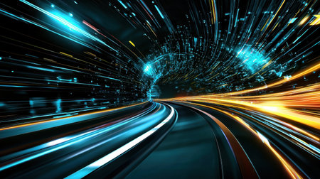 Dynamic abstract light tunnel showcasing vibrant colors and motion blur, creating a sense of speed and futuristic energy, perfect for technology and design themes.の素材