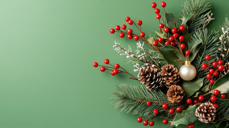 A vibrant arrangement featuring pine, berries, and ornaments creates a festive mood. Perfect for holiday designs and seasonal celebrations.の素材