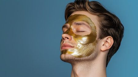 A man enjoys a moment of relaxation with a gold face mask on against a calming blue backdrop, highlighting the importance of self-care and skincare routines.の素材