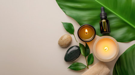 A serene composition featuring candles, essential oils, and smooth stones surrounded by lush green leaves, ideal for promoting relaxation and wellness.の素材
