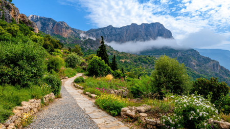 A picturesque pathway meanders through a vibrant green landscape, framed by majestic mountains and fluffy clouds, inviting exploration and adventure.の素材