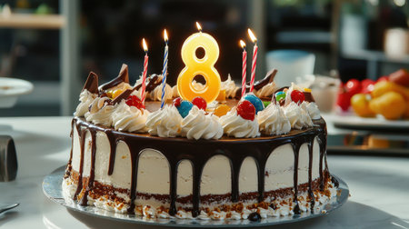 A beautifully decorated birthday cake with colorful candles and fresh fruit, perfect for celebrations. Ideal for capturing moments of joy and happiness.の素材