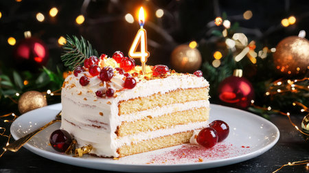 A beautiful birthday cake with a decorative candle and fruits, set against a backdrop of festive lights. Perfect for holiday celebrations and joyful moments.の素材
