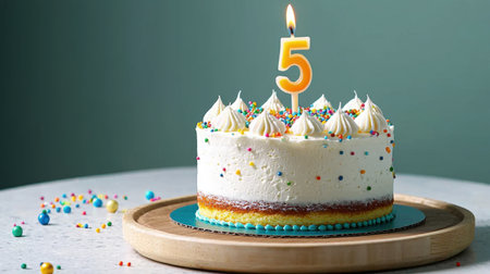A charming birthday cake sitting on a wooden plate, adorned with colorful sprinkles and a vibrant number five candle, perfect for celebrating a child's special day.の素材