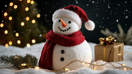 A charming snowman in a festive red scarf and hat stands amid softly falling snow and glowing lights, embodying the joy and warmth of the Christmas season.の素材