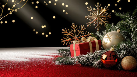 A vibrant holiday scene featuring Christmas decorations, including snowflakes, ornaments, and gift-wrapped boxes, evoking festive cheer and warmth.の素材