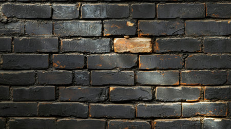 A textured black brick wall showcases a single brown brick, adding contrast. The uneven surface provides a rustic feel suitable for various design projects.の素材