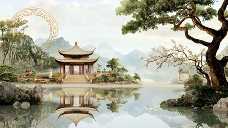 A tranquil scene featuring a traditional pavilion surrounded by serene waters and majestic mountains, evoking a sense of peace and harmony in nature.の素材