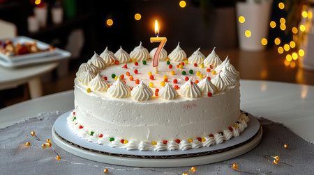 A beautifully decorated birthday cake featuring white frosting, colorful candies, and a single candle symbolizes a joyful celebration. Perfect for special moments.の素材