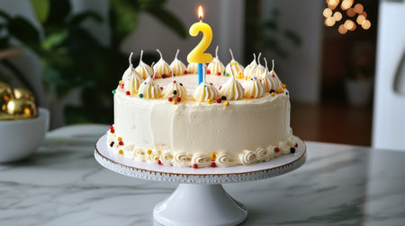 A beautifully decorated birthday cake with a single candle on top, perfect for celebrations. The sweet cream frosting and colorful embellishments create a festive atmosphere.の素材