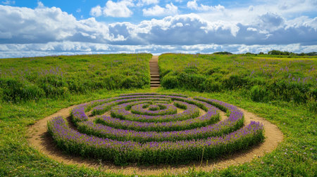 A captivating view of a lavender maze set against a bright blue sky, inviting exploration. Fluffy clouds drift above the lush green landscape, creating a serene atmosphere.の素材