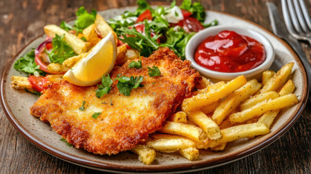 Enjoy a delicious plate of crispy fried fish served with golden fries, fresh salad, and a slice of lemon for a refreshing touch. Ideal for meal inspiration.の素材