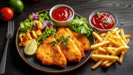 Enjoy a delicious plate of crispy fried fish fillet served with golden fries and a fresh salad for a perfect meal to satisfy any hunger.の素材