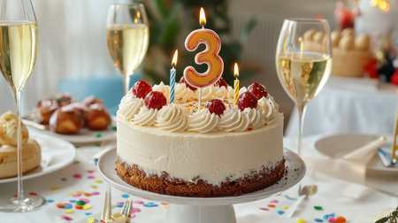 A delightful birthday cake adorned with candles and fruits celebrates a joyful moment. Surrounded by bubbly drinks, it captures the essence of a festive gathering.の素材