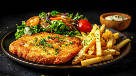 A delicious meal featuring crispy fried chicken served with fresh salad and golden French fries, perfect for any dining occasion or celebration.の素材