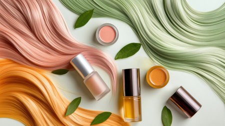 A vibrant arrangement of colorful hair strands and beauty products against a soft backdrop. This aesthetic captures the essence of natural beauty and wellness.の素材