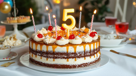 A beautifully decorated birthday cake featuring five candles and vibrant toppings, perfect for a joyful celebration with family and friends.の素材