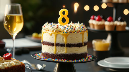 A joyful birthday cake adorned with bright frosting and colorful sprinkles, with a candle marking the special age, perfect for any festive celebration.の素材