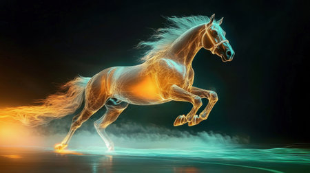 A stunning depiction of a horse in motion, illuminated by vibrant light effects, creating an ethereal and mesmerizing atmosphere. Ideal for creative projects.の素材