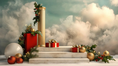 A beautifully designed Christmas scene featuring stacked presents, a classic pillar, and lush decorations against a dreamy cloud backdrop, evoking holiday spirit.の素材