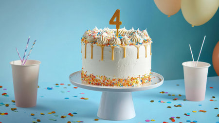 A delightful birthday cake featuring a number four candle, adorned with colorful frosting and sprinkles, set against a festive backdrop. Perfect for celebrations!の素材