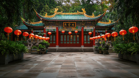 A picturesque view of a traditional Asian temple adorned with vibrant lanterns. The serene atmosphere invites visitors to explore its rich cultural heritage and natural beauty.の素材