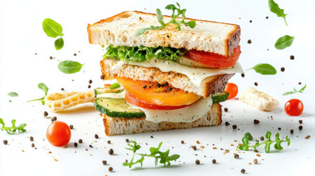 A vibrant vegetable sandwich made with fresh ingredients, showcasing layers of lettuce, tomato, and cucumber, garnished with herbs and sprinkled spices, perfect for healthy meals.の素材