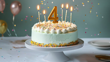 A delightful birthday cake featuring four lit candles and colorful sprinkles, set against a festive backdrop of balloons and confetti for a joyful celebration.の素材