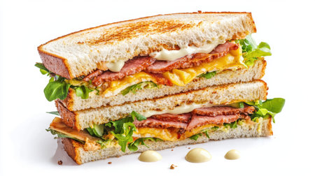 A mouth-watering triple layer sandwich featuring fresh vegetables, cheese, and ham. Perfect for a satisfying meal, display, or culinary inspiration.の素材