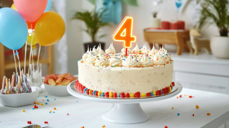 A vibrant birthday cake adorned with a bright number four candle, surrounded by festive decorations and colorful balloons, perfect for children's celebrations.の素材