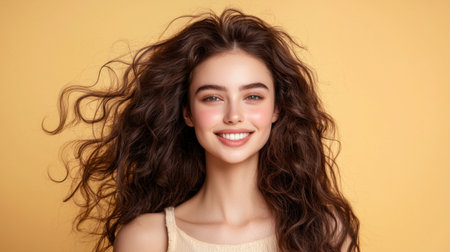 This portrait features a young woman with beautiful curly hair smiling joyfully. The warm yellow background enhances the cheerful and vibrant atmosphere, showcasing her radiant beauty.の素材