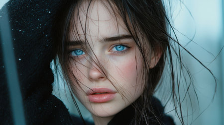 This striking portrait captures a young woman with captivating blue eyes and wet hair, evoking an emotional and serene atmosphere with a soft focus.の素材