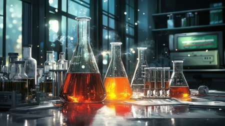 A dynamic laboratory scene showcasing vibrant orange liquids in glassware. The setup includes flasks and test tubes, creating a vivid scientific atmosphere perfect for educational and creative projects.の素材