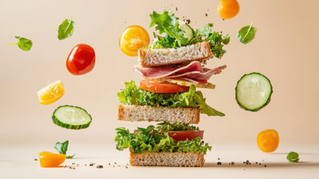 A visually striking sandwich made with fresh ingredients, stacked with lettuce, tomato, and cucumber, surrounded by floating vegetables against a soft backdrop.の素材