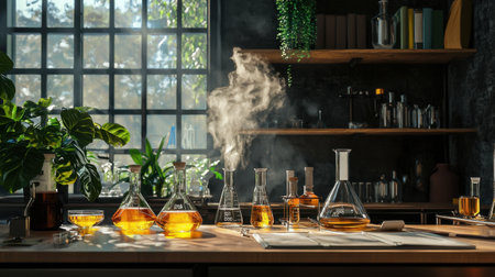 A cozy laboratory scene featuring various glassware filled with warm orange liquids. Steam rises from the beakers, illuminated by sunlight through a window.の素材