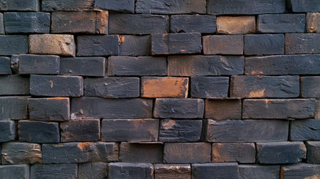 This image showcases a series of dark wooden blocks stacked together, creating a unique textured background perfect for design and decoration purposes.の素材