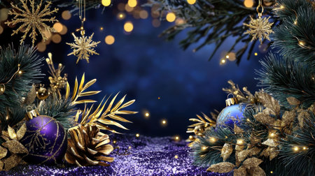 A beautiful festive arrangement featuring ornaments, pine, and delicate snowflakes with a sparkling blue background. Perfect for holiday cards and decorations.の素材