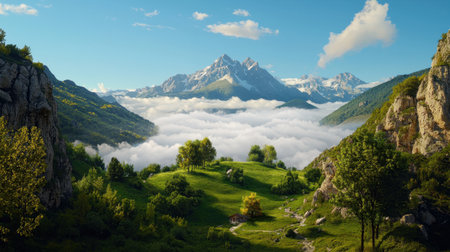 A stunning mountain landscape showcasing lush green fields beneath a beautiful sky filled with clouds. This serene scene captures nature's magnificence and tranquility.の素材