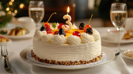 A beautiful white cream cake topped with colorful fruits and a candle, perfect for celebrating birthdays or special occasions with friends and family.の素材