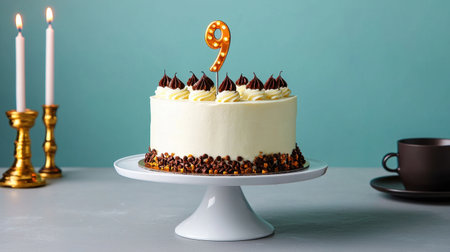 A delightful birthday cake adorned with a bright nine candle, perfect for celebrations. The elegant design and rich toppings make it a joy for any festive event.の素材