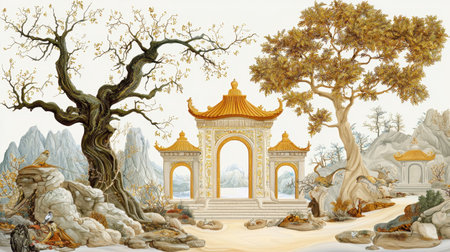 A serene Oriental landscape featuring ornate gates amidst tranquil trees and mountains, capturing the beauty and harmony of traditional art and nature.の素材