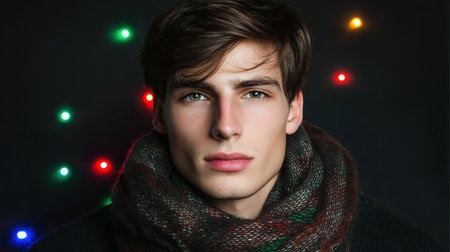 A striking portrait of a young man wearing a cozy scarf amidst colorful holiday lights. His serious gaze and stylish looks capture the essence of modern winter fashion.の素材