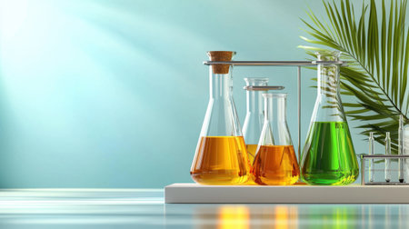 Vibrant laboratory glassware filled with colorful liquids is set against a serene backdrop of green leaves and soft sunlight. Perfect for science themes.の素材