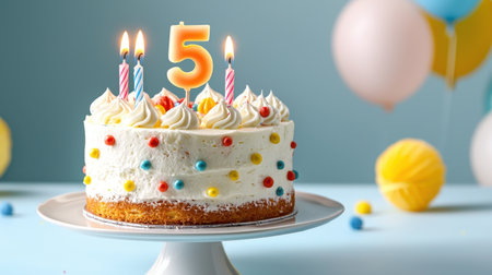 A delightful birthday cake features colorful decorations and five candles, symbolizing a child's special day. Perfect for festive celebrations.の素材