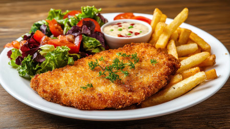 A delicious plate featuring crispy fried fish accompanied by fresh salad and golden French fries, perfect for a satisfying meal at any dining occasion.の素材