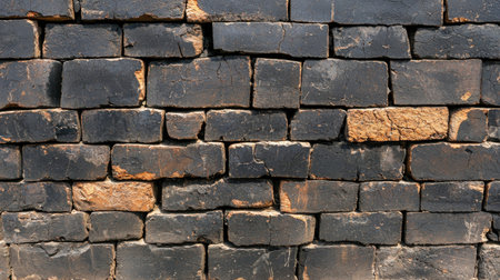 This image captures a textured dark brick wall showcasing various shades and patterns. Ideal for backgrounds and design elements in architecture and construction.の素材