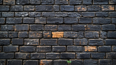 This image features a black weathered brick wall with detailed texture, showcasing the beauty of urban decay. A small green plant emerges, symbolizing resilience and nature.の素材