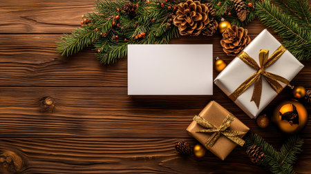 A serene arrangement of festive gifts featuring elegant wrapping. Surrounded by pinecones and evergreen branches, it creates a warm holiday atmosphere.の素材